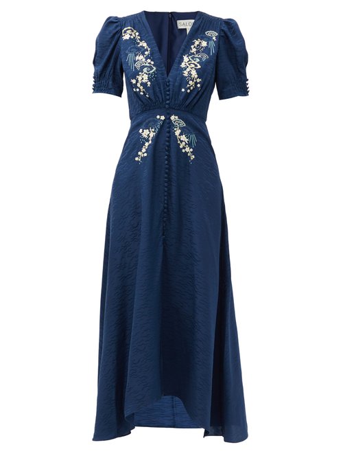 Saloni - Lea Floral-embroidered Silk-crepe Midi Dress Navy Multi
