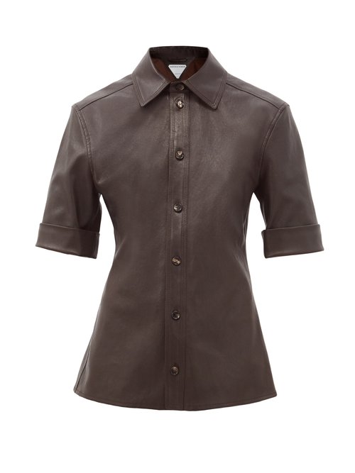 Bottega Veneta - Point-collar Panelled Leather Shirt Dark Brown