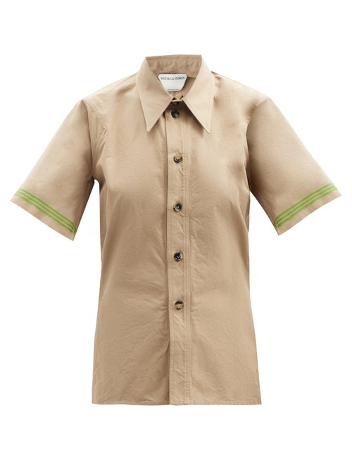 Bottega Veneta - Striped-cuff Short-sleeved Cotton-poplin Shirt Beige