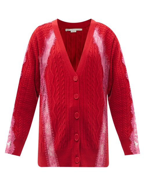 Buy Stella Mccartney - Lace-trimmed Cable-knit Wool Cardigan Red Multi online - shop best Stella McCartney 