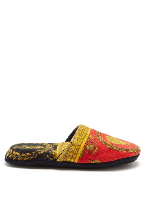Versace - Baroque-print Cotton-terry Slippers - Mens - Red Gold