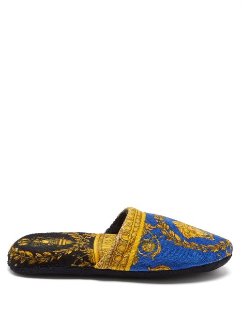 Versace - Baroque-print Cotton-terry Slippers - Mens - Blue Gold
