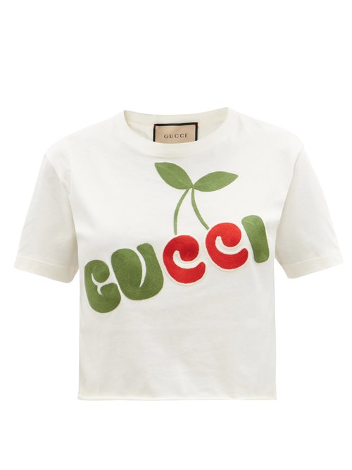 Gucci - Cherry-appliqué Cropped Cotton-jersey T-shirt Ivory Multi