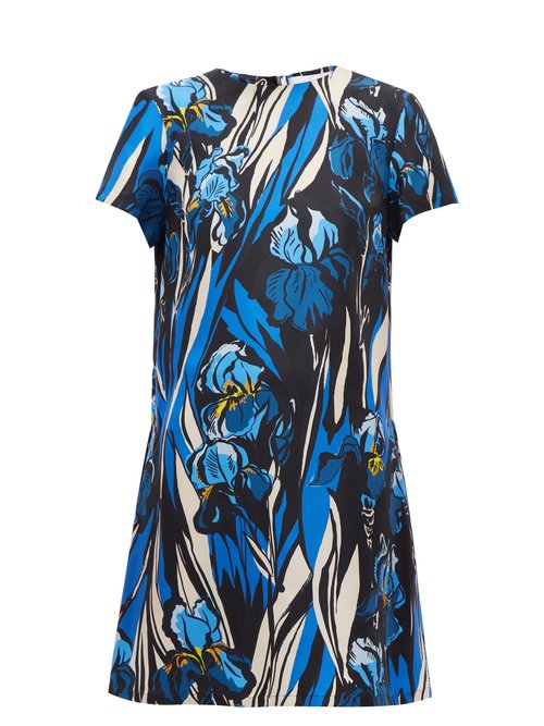 La DoubleJ - Swing Peony-print Silk Dress Blue Multi