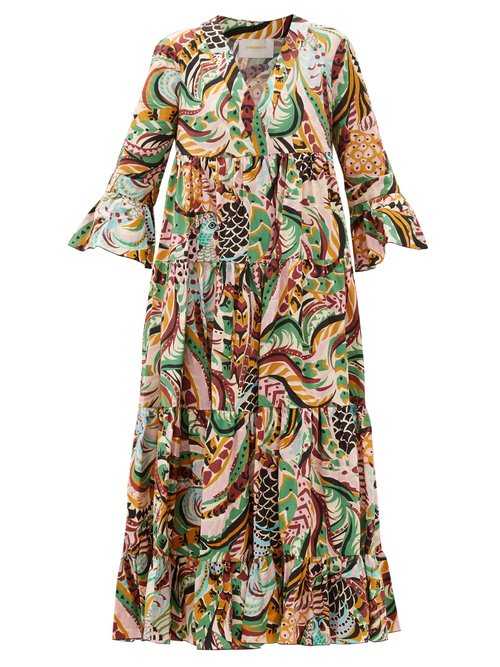 La DoubleJ - Jennifer Jane Bird-print Cotton Midi Dress Multi