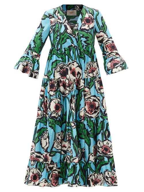 La DoubleJ – Jennifer Jane Floral-print Cotton Midi Dress Blue Print