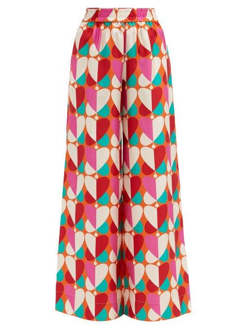 La DoubleJ - Palazzo Geometric-print Silk Trousers Pink Print Beachwear