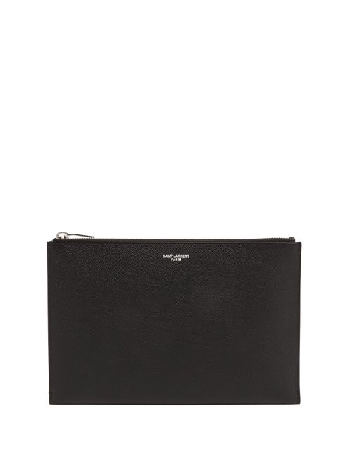 Saint Laurent - Foiled-logo Mini Grained-leather Pouch - Mens - Black