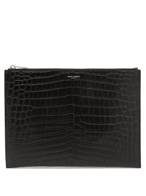 Saint Laurent - Zipped Crocodile-effect Leather Pouch - Mens - Black