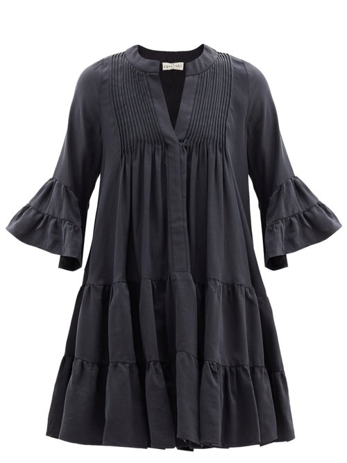 Casa Raki - Delfina Tiered V-neck Twill Mini Dress Black