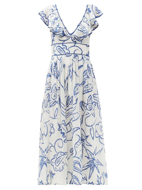 Le Sirenuse, Positano - Frida Ruffled Floral-print Cotton Dress Blue Print