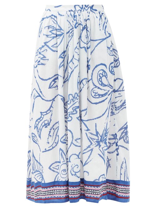 Le Sirenuse, Positano - Jane Paisley-print Cotton Midi Skirt Blue Print Beachwear