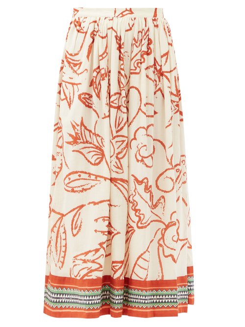 Le Sirenuse, Positano - Jane Paisley-print Cotton Midi Skirt Red Print Beachwear