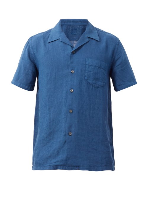 120% Lino - Linen Bowling Shirt - Mens - Navy