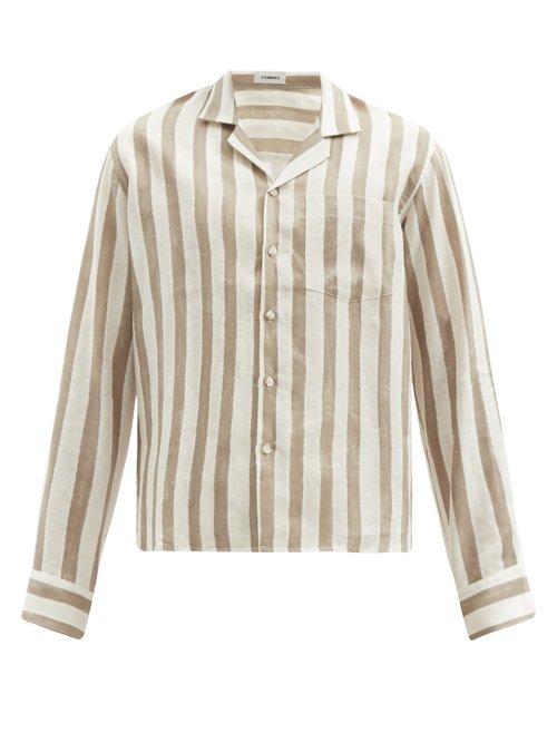 Open-collar Striped Linen Shirt