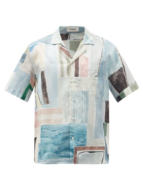 Cuban-collar Piscine-print Silk-blend Shirt