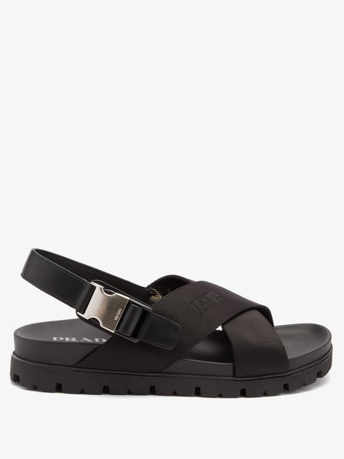 Prada Logo-jacquard Buckled Canvas And Leather Sandals In Black | ModeSens