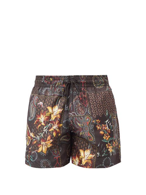 Etro - Geometric Floral-print Swim Shorts - Mens - Brown Multi