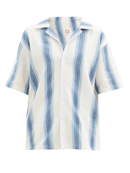 Marrakshi Life - Gradient-stripe Cotton-blend Short-sleeved Shirt Blue Stripe