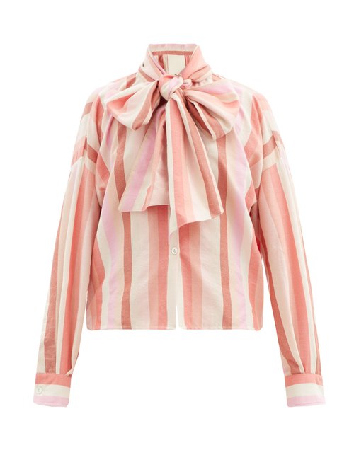 Marrakshi Life - Bow-front Striped Cotton-blend Oxford Shirt Pink Stripe