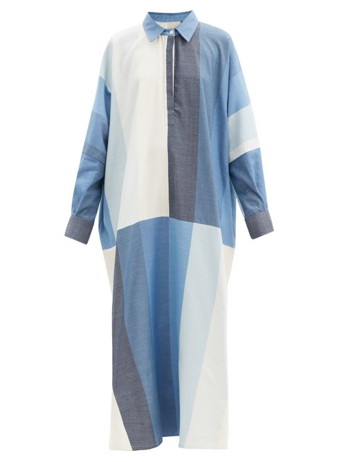 Marrakshi Life - Point-collar Colour-block Cotton-blend Kaftan Blue Stripe Beachwear