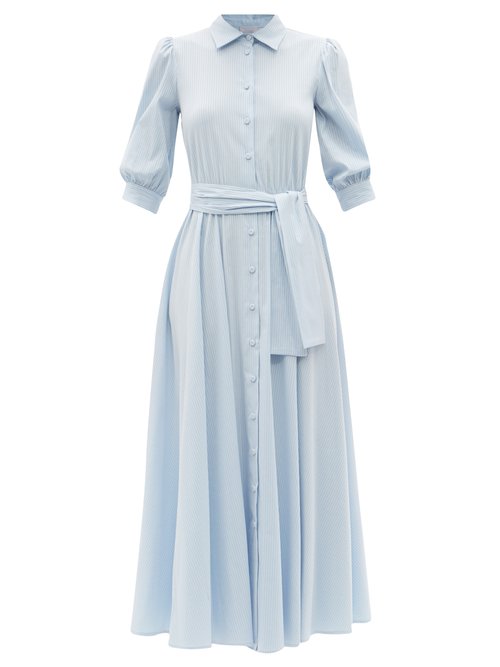 Luisa Beccaria - Belted Striped Cotton-blend Midi Shirt Dress Blue Stripe