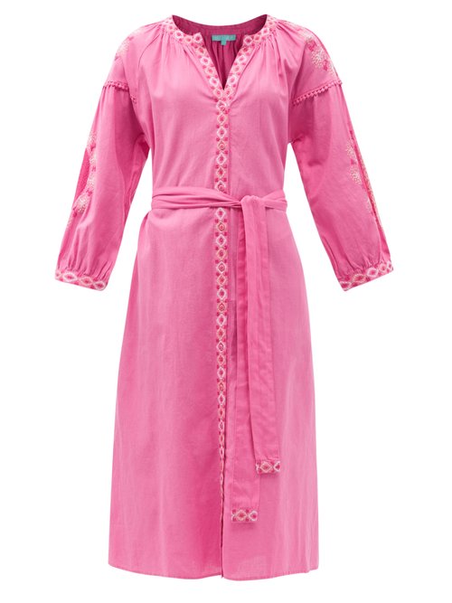 Melissa Odabash - Melanie Belted Embroidered Cotton-blend Dress Pink White