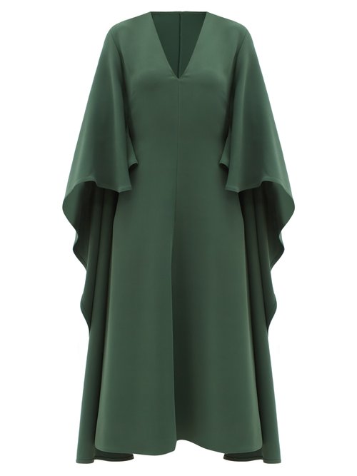 Valentino - V-neck Cape-sleeve Silk Cady Couture Midi Dress Green