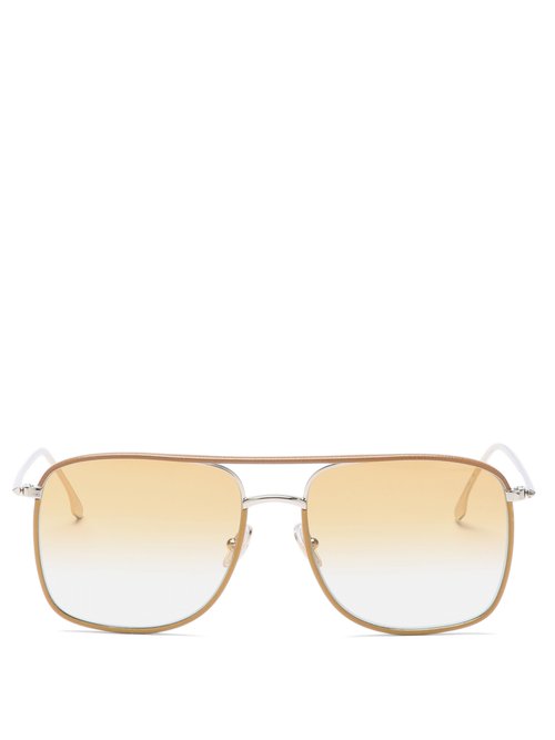 Victoria Beckham - Aviator Metal And Leather-trimmed Sunglasses - Womens - Light Brown