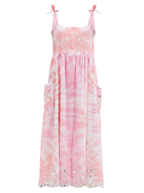 Juliet Dunn - Floral-embroidered Tie-dyed Cotton Midi Dress Pink White