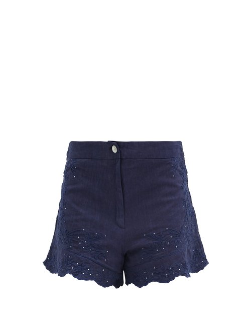 Juliet Dunn - Floral-embroidered Cotton Shorts Navy Beachwear