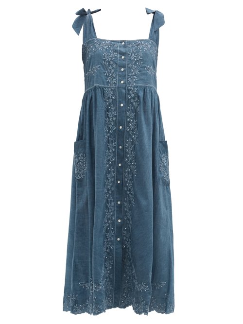 Juliet Dunn - Square-neck Hand-embroidered Cotton-chambray Dress Blue