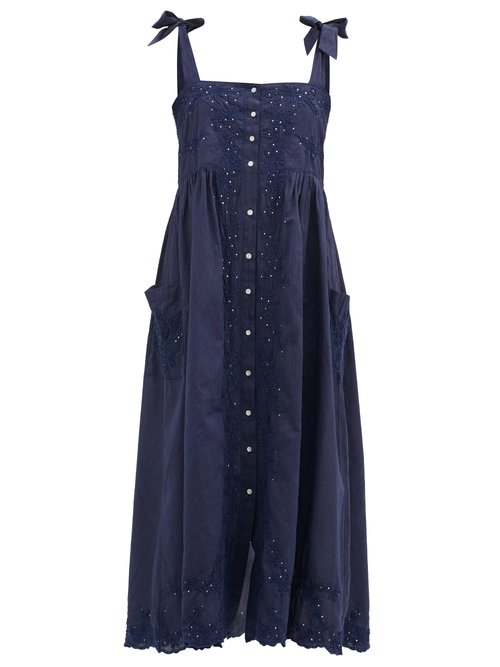 Juliet Dunn - Floral-embroidered Shoulder-ties Cotton Midi Dress Navy Beachwear