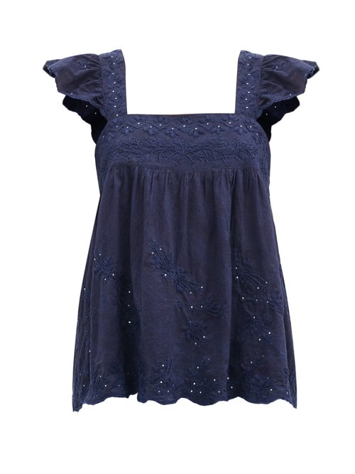 Juliet Dunn - Ruffle-sleeve Floral-embroidered Cotton Top Navy