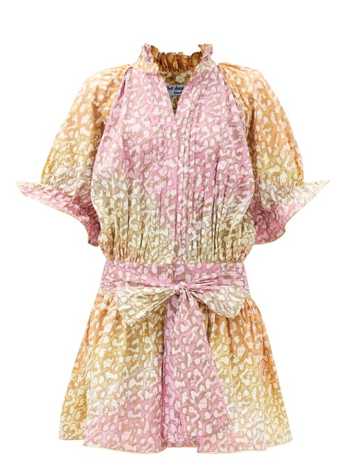 Juliet Dunn - Snow-leopard Tie-dye Belted Cotton Mini Dress Pink Print