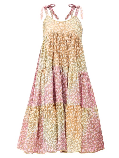Juliet Dunn - Snow-leopard Tie-dye Tiered Cotton Dress Pink Print