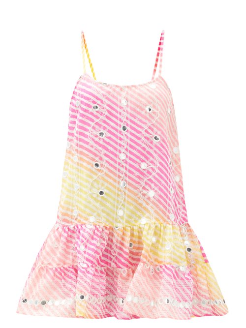 Juliet Dunn - Mirror-work Rainbow-striped Gauze Mini Dress Pink Multi