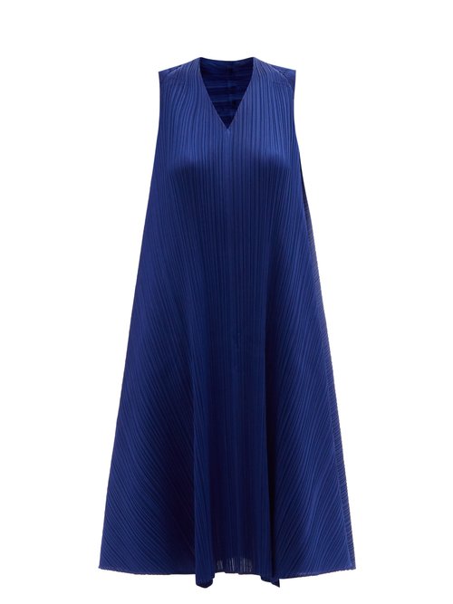 Pleats Please Issey Miyake - V-neck Technical-pleated Trapeze Dress Blue