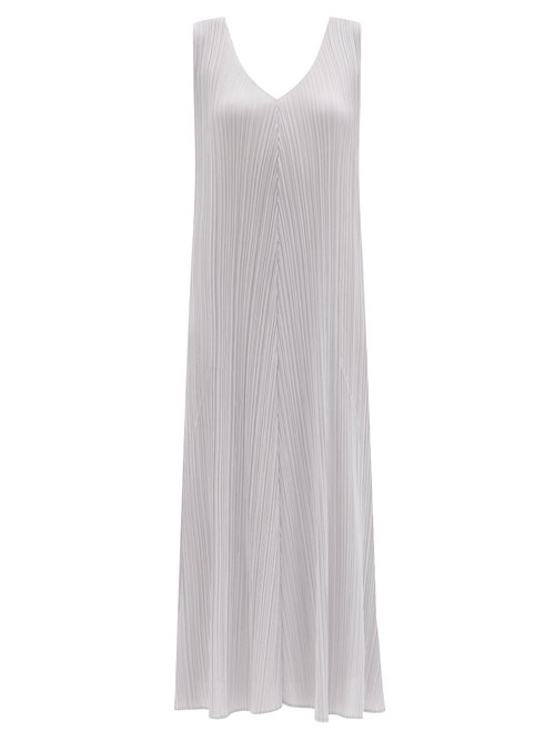 Pleats Please Issey Miyake - V-neck Technical-pleated Longline Dress Light Grey