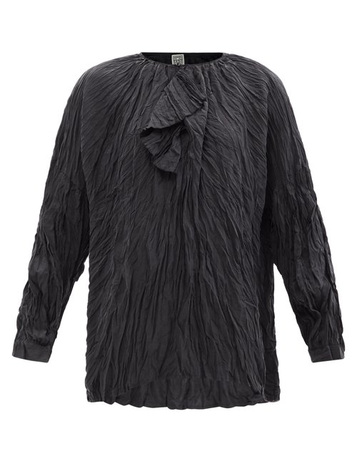 Totême - Ruffled V-neck Crinkled Silk Blouse Black