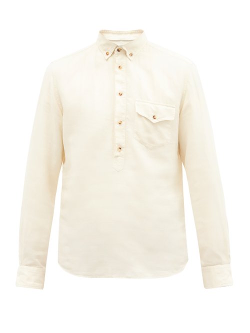 Brunello Cucinelli - Button-down Collar Linen-blend Poplin Henley Shirt - Mens - Cream