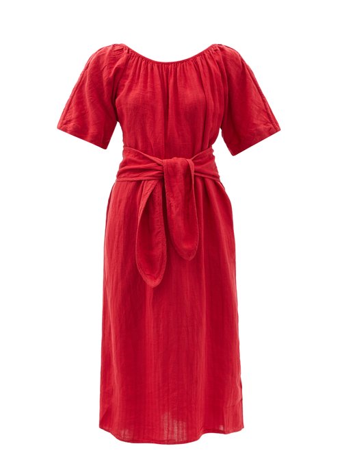 Mara Hoffman - Aliz Belted Gathered Linen-blend Midi Dress Red