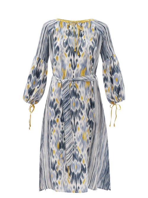D'Ascoli - Amina Belted Ikat-print Silk-crepe Dress Blue Multi