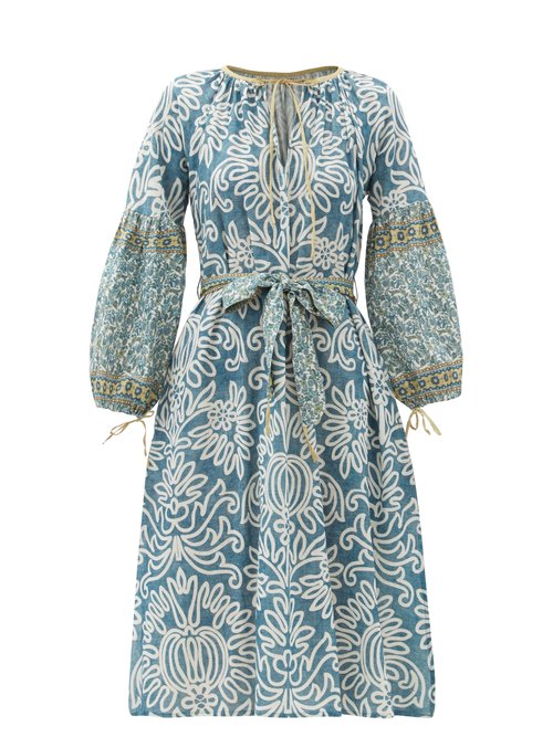 D'Ascoli - Laziza Belted Floral-print Cotton Dress Blue