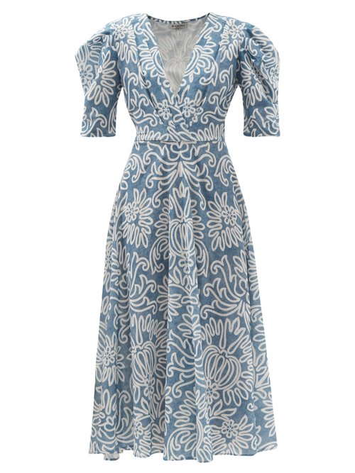 Buy D'Ascoli - Dasha Floral-print Cotton-khadi Midi Dress Blue online - shop best D'Ascoli clothing sales