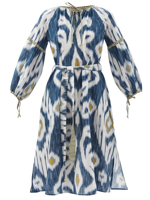 D'Ascoli - Uzbek Belted Ikat-print Cotton Dress Blue Multi