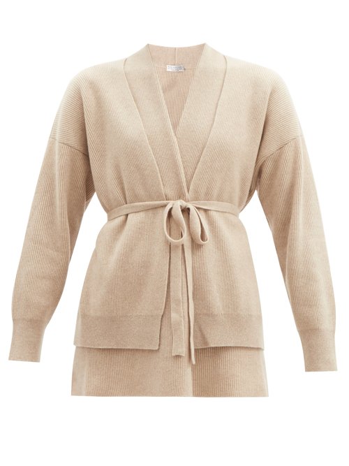 Brunello Cucinelli - Double-layer Belted Ribbed-cashmere Cardigan Camel