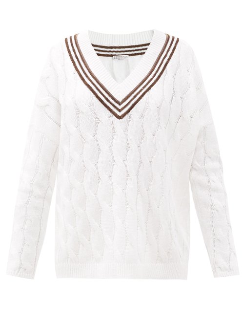Buy Brunello Cucinelli - Monili-chain V-neck Cable-knit Sweater White Multi online - shop best Brunello Cucinelli 