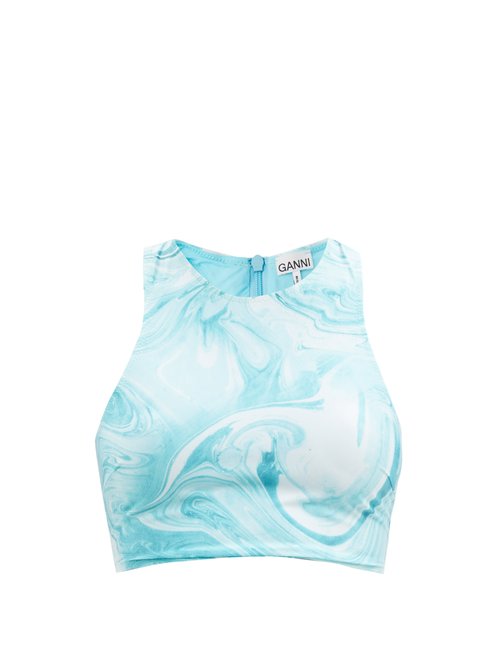 Buy Ganni - Abstract-print Recycled Fibre-blend Bikini Top Blue Print online - shop best Ganni swimwear sales