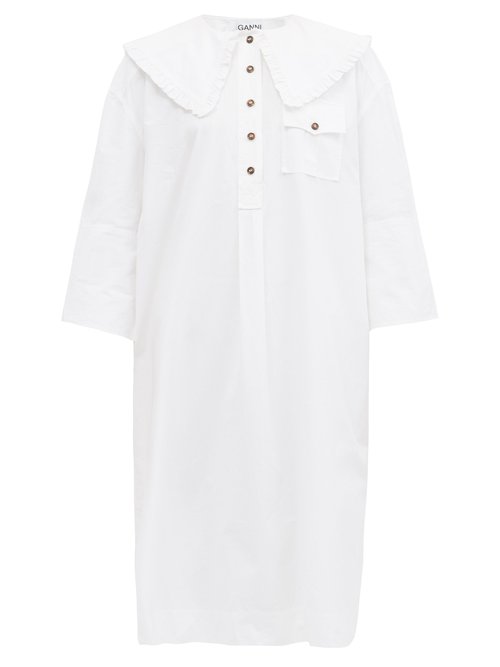 Ganni - Ruffled-collar Organic-cotton Poplin Shirt Dress White